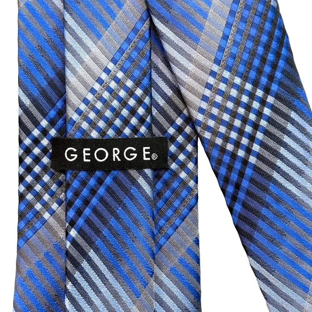 GEORGE Men's Modern Plaid Tie • 100% Silk‎ • blue, black, gray